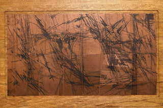 Ladro di sogni, Matrice incisa a ceramolle per il nero, utilizzata per la stampa della suite e della copertina e infine sagomata per la stampa delle pagine interne. Inserita su supporto in legno per esposizione.