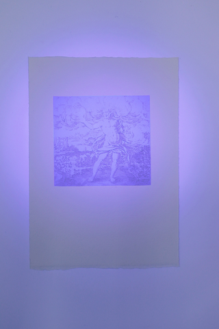 Atalanta Fugiens, Stampa xilografia (in alta) su carta 100% cotone, Hahnemühle 300g, con inchiostro reagente a luce UV, da una matrice laserata su Plexiglass, 14,8 x 21 cm.